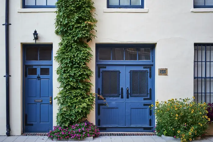 A blue doorway to an apartment in the Washington Mews in Greenwich Village.